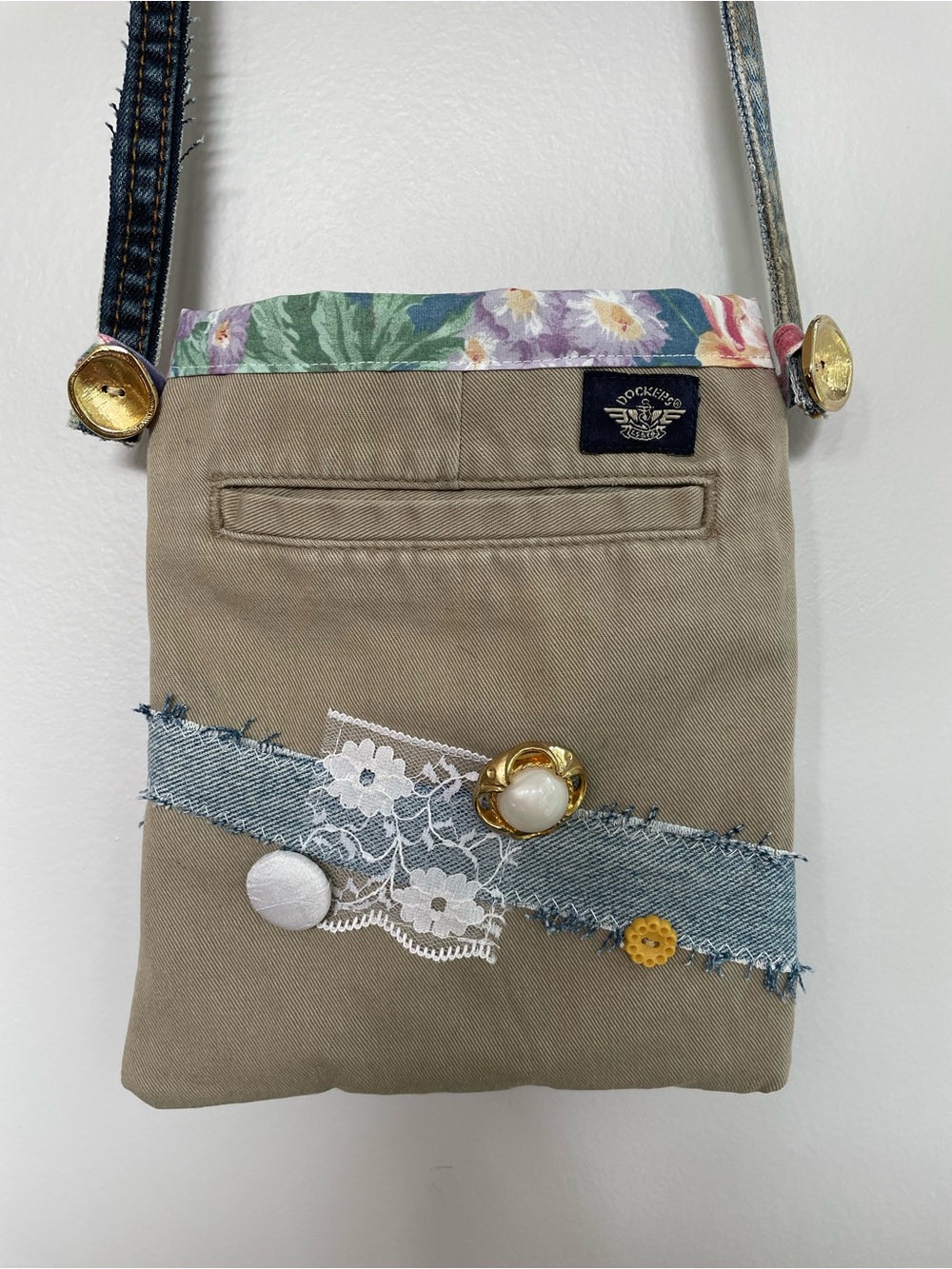 Upcycled Khaki Crossbody Bag with Denim Strap and Floral Trim